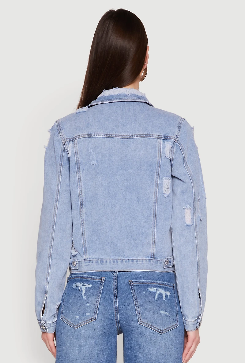 Womens Almost Famous Distressed Jean Jacket, Blue, Size S