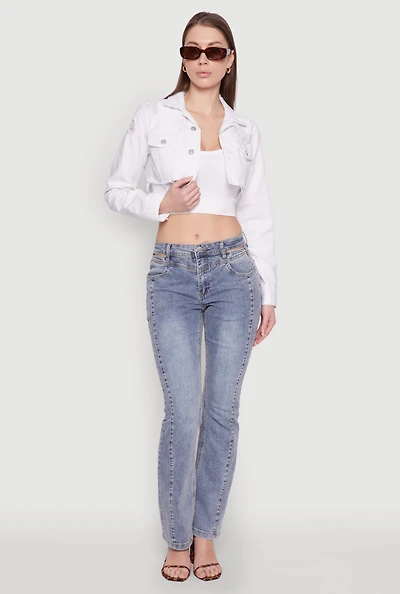 Womens Distressed Cropped Jean Jacket, White, Size L