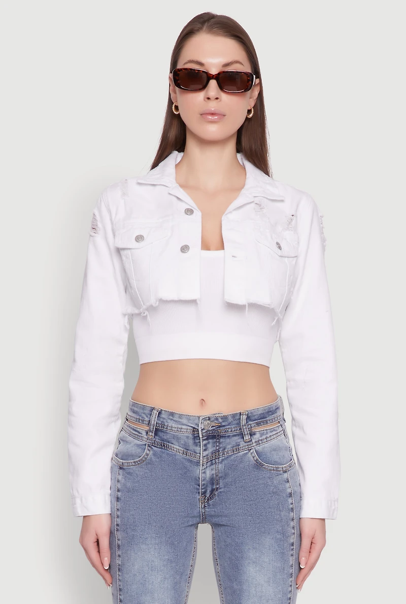 Womens Distressed Cropped Jean Jacket, White, Size L