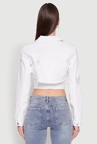 Womens Distressed Cropped Jean Jacket, White, Size L