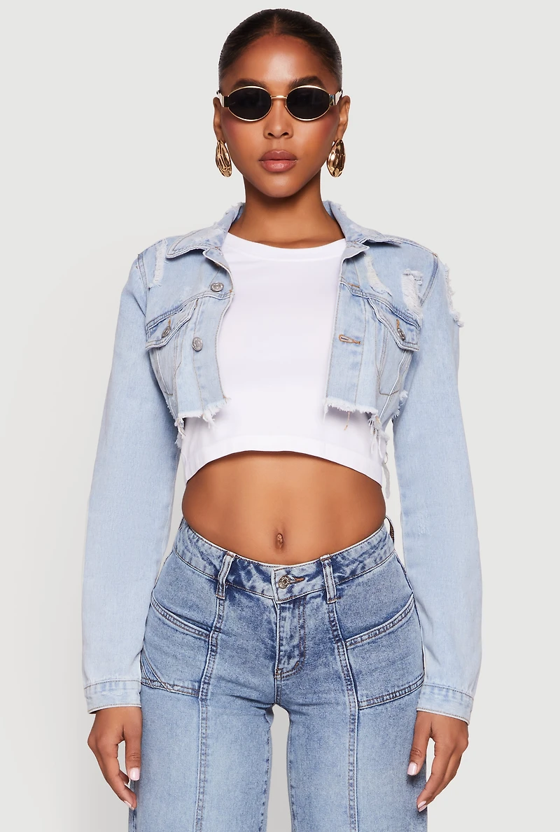 Womens Distressed Cropped Jean Jacket, Blue,