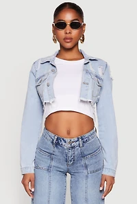 Womens Distressed Cropped Jean Jacket, Blue,