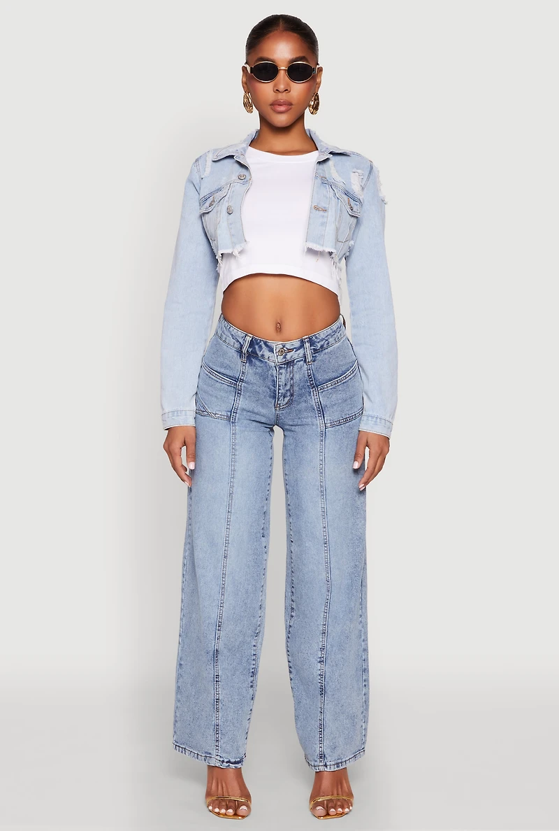 Womens Distressed Cropped Jean Jacket, Blue,