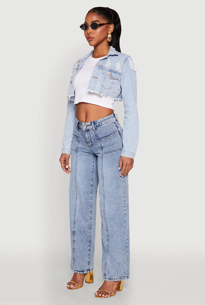 Womens Distressed Cropped Jean Jacket, Blue, Size M