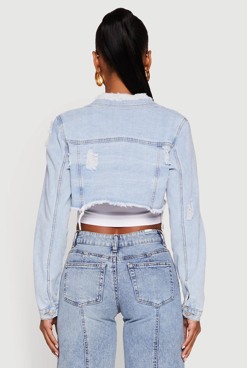 Womens Distressed Cropped Jean Jacket, Blue,
