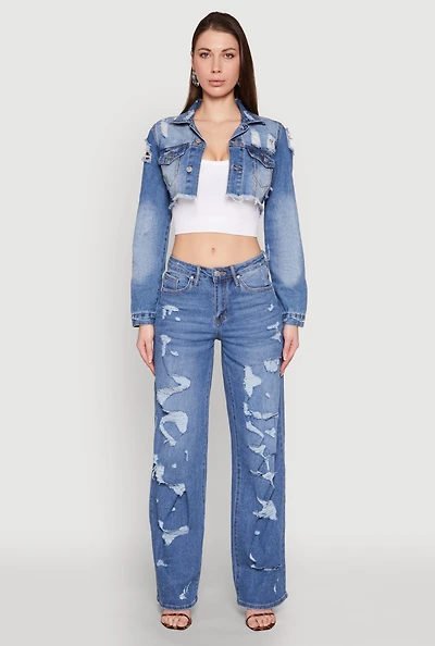 Womens Distressed Cropped Jean Jacket, Blue, Size L