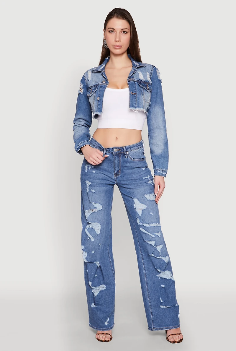 Womens Distressed Cropped Jean Jacket, Blue,