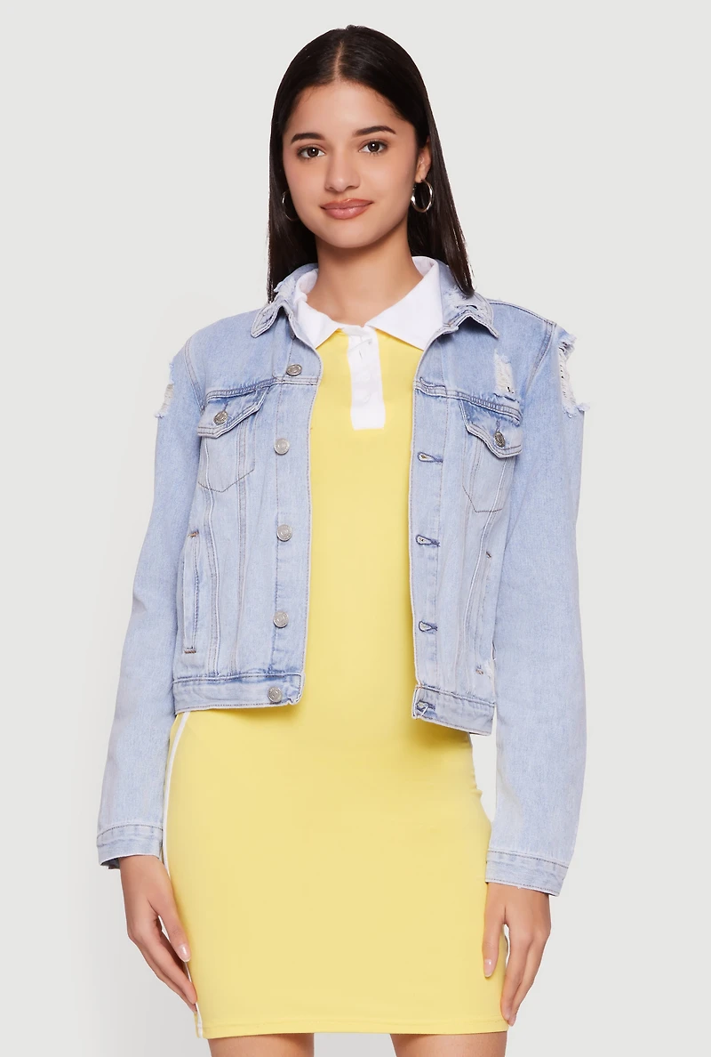 Almost Famous Button Front Distressed Denim Jacket