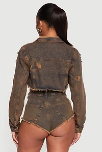 Acid Wash Denim Cropped Distressed Jacket