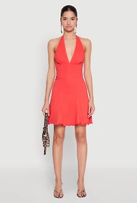 Womens Mineral Wash Denim Halter Neck Dress, Red,