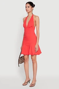 Womens Mineral Wash Denim Halter Neck Dress, Red,