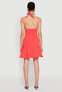 Womens Mineral Wash Denim Halter Neck Dress, Red, Size L