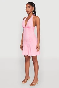 Womens Mineral Wash Denim Halter Neck Dress, Pink, Size S