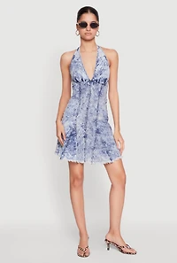 Womens Mineral Wash Denim Halter Neck Dress, Blue, Size M