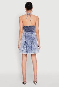 Womens Mineral Wash Denim Halter Neck Dress,