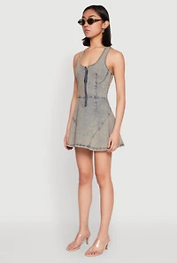 Womens Mineral Wash Racerback Denim Skater Dress, Blue, Size S