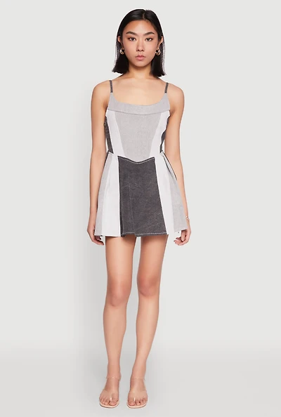Womens Denim Color Block Skater Dress, Grey, Size M