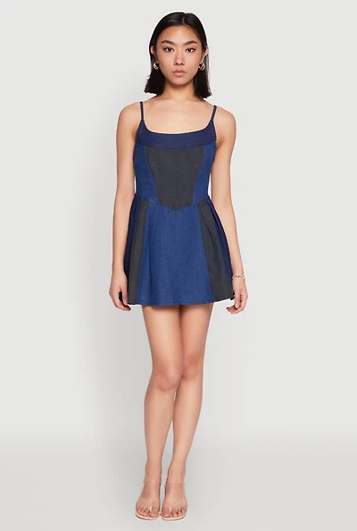 Womens Denim Color Block Skater Dress, Multi, Size M