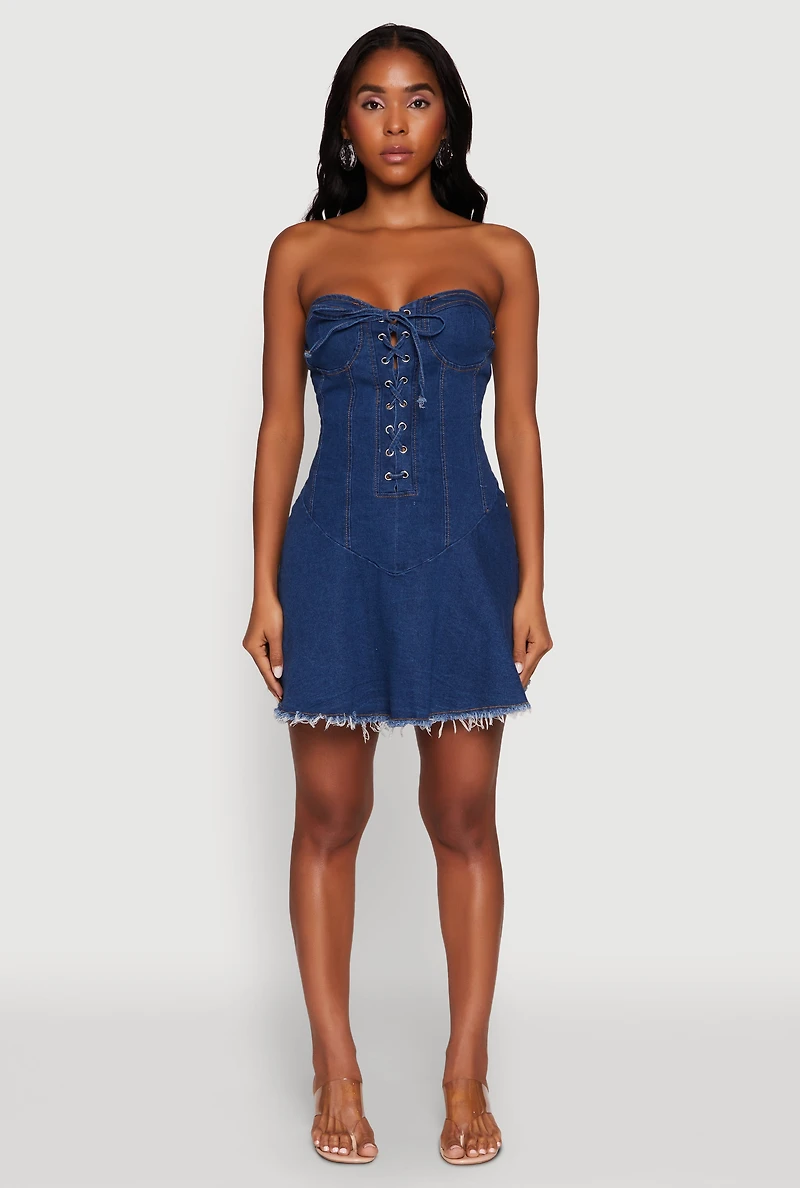 Womens Daisy Denim Lace Up Corset Mini Dress, Blue, Size L
