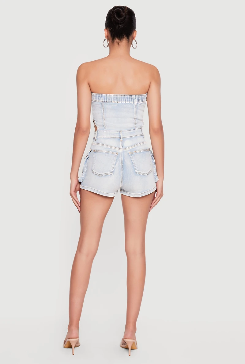 Cutout Side Cargo Pocket Denim Rompers