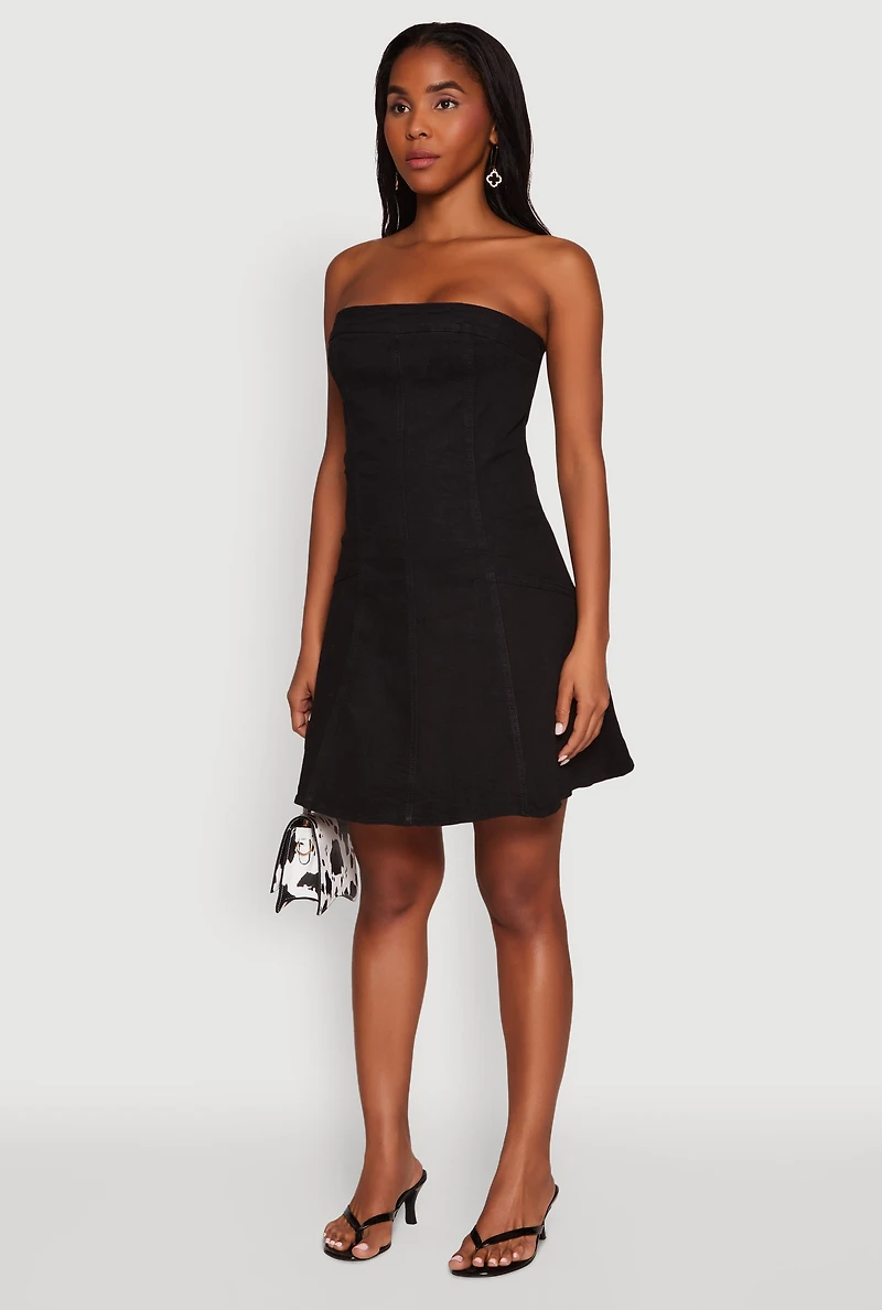 Womens Daisy Strapless Denim Skater Dress, Black, Size L