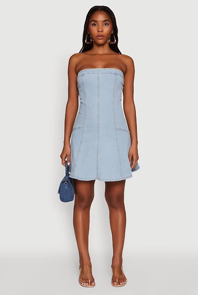 Womens Daisy Strapless Denim Skater Dress, Blue, Size S