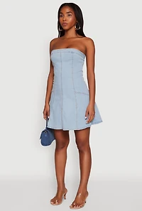 Womens Daisy Strapless Denim Skater Dress, Blue,