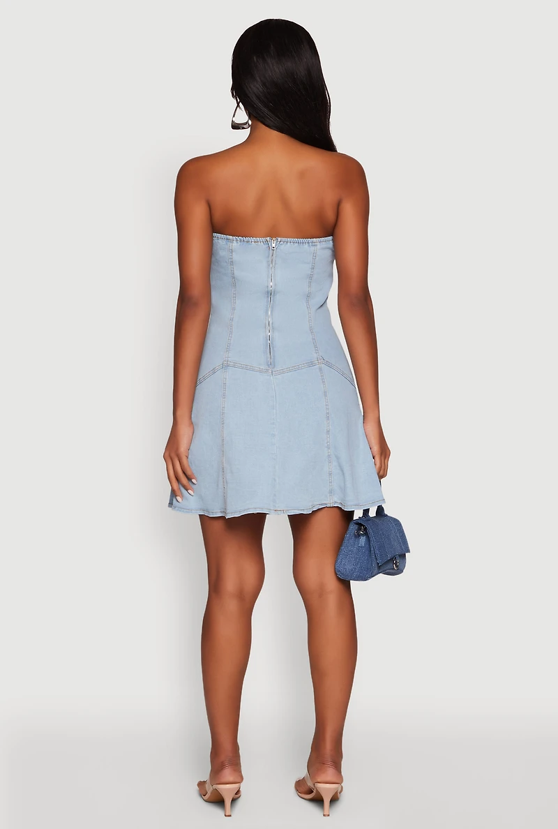 Womens Daisy Strapless Denim Skater Dress, Blue,