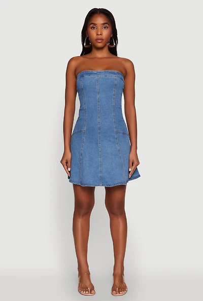 Womens Daisy Strapless Denim Skater Dress, Blue, Size S