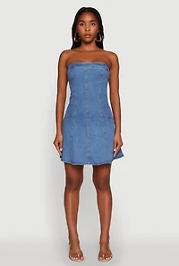 Womens Daisy Strapless Denim Skater Dress, Blue, Size S
