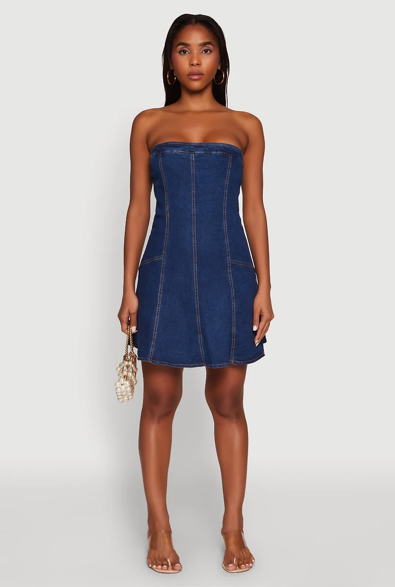 Womens Daisy Strapless Denim Skater Dress, Blue, Size M