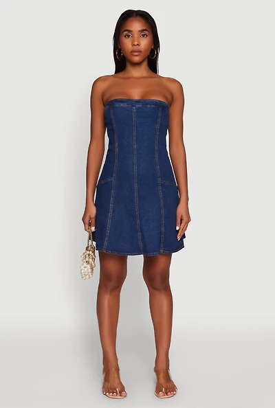 Womens Daisy Strapless Denim Skater Dress, Blue, Size M