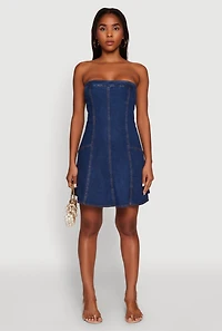 Womens Daisy Strapless Denim Skater Dress, Blue, Size M