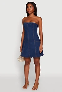 Womens Daisy Strapless Denim Skater Dress, Blue,