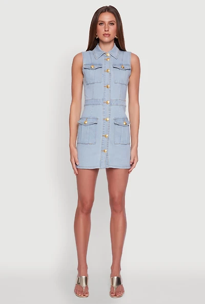 Womens Daisy Sleeveless Button Front Denim Dress, Blue, Size S