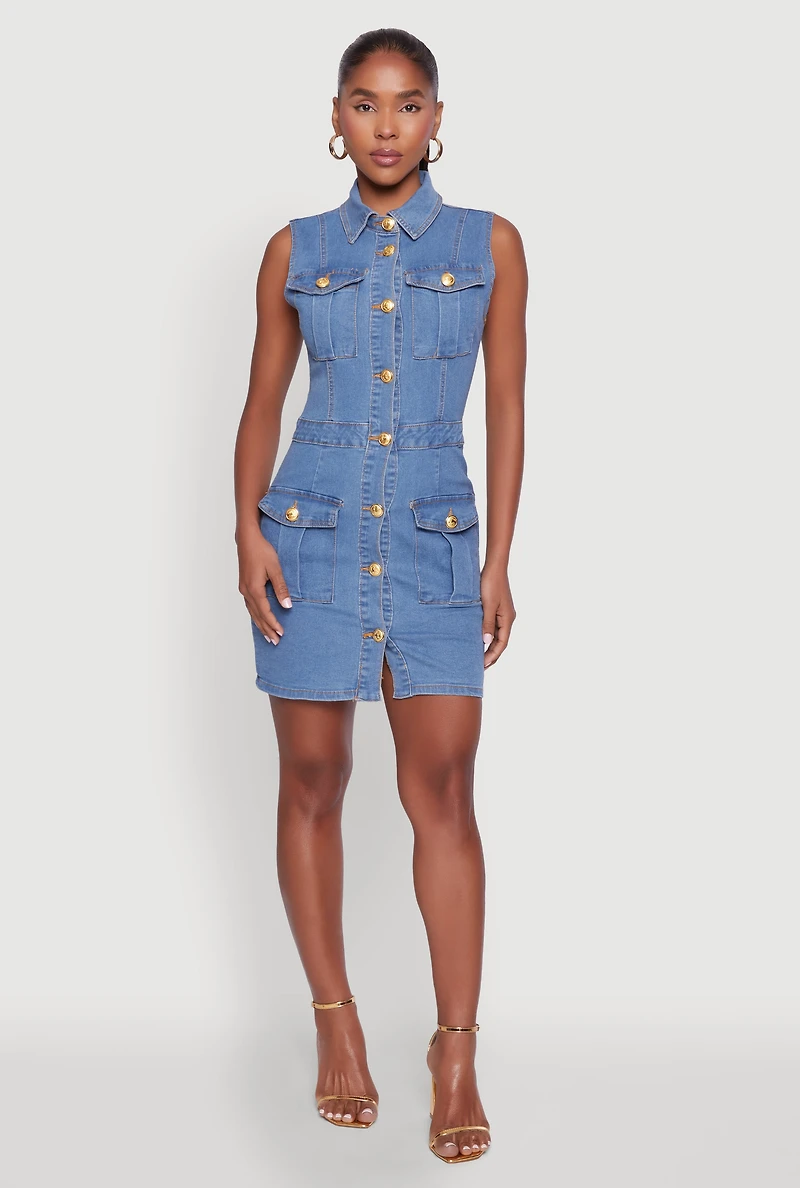 Daisy Sleeveless Button Front Denim Dress