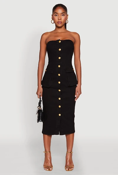 Daisy Button Front Strapless Denim Dress