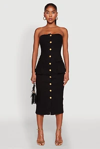 Daisy Button Front Strapless Denim Dress