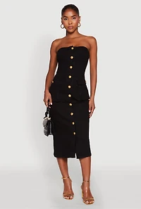 Womens Daisy Button Front Strapless Denim Dress, Black, Size S