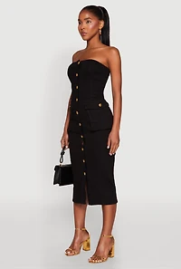 Womens Daisy Button Front Strapless Denim Dress, Black, Size S