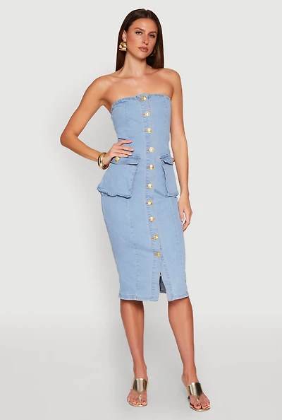 Womens Daisy Button Front Strapless Denim Dress, Blue, Size S