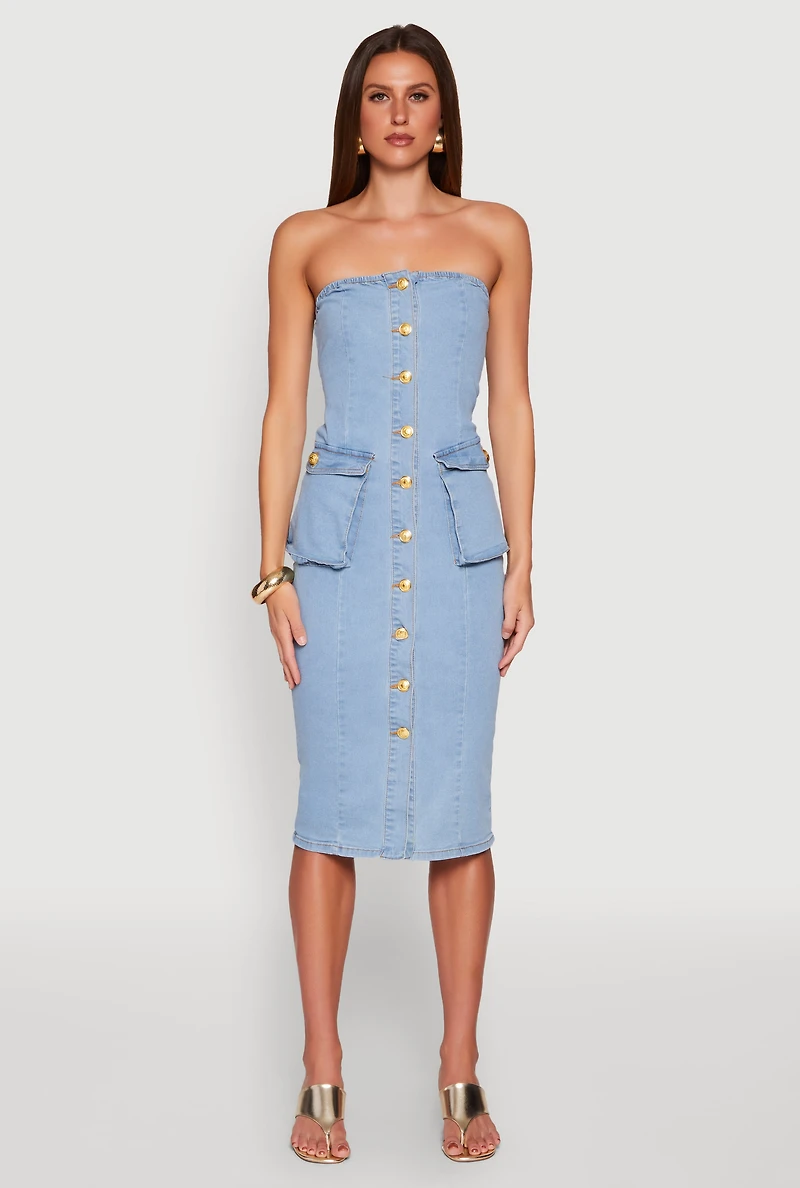 Womens Daisy Button Front Strapless Denim Dress, Blue, Size S