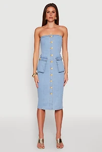 Womens Daisy Button Front Strapless Denim Dress, Blue, Size S