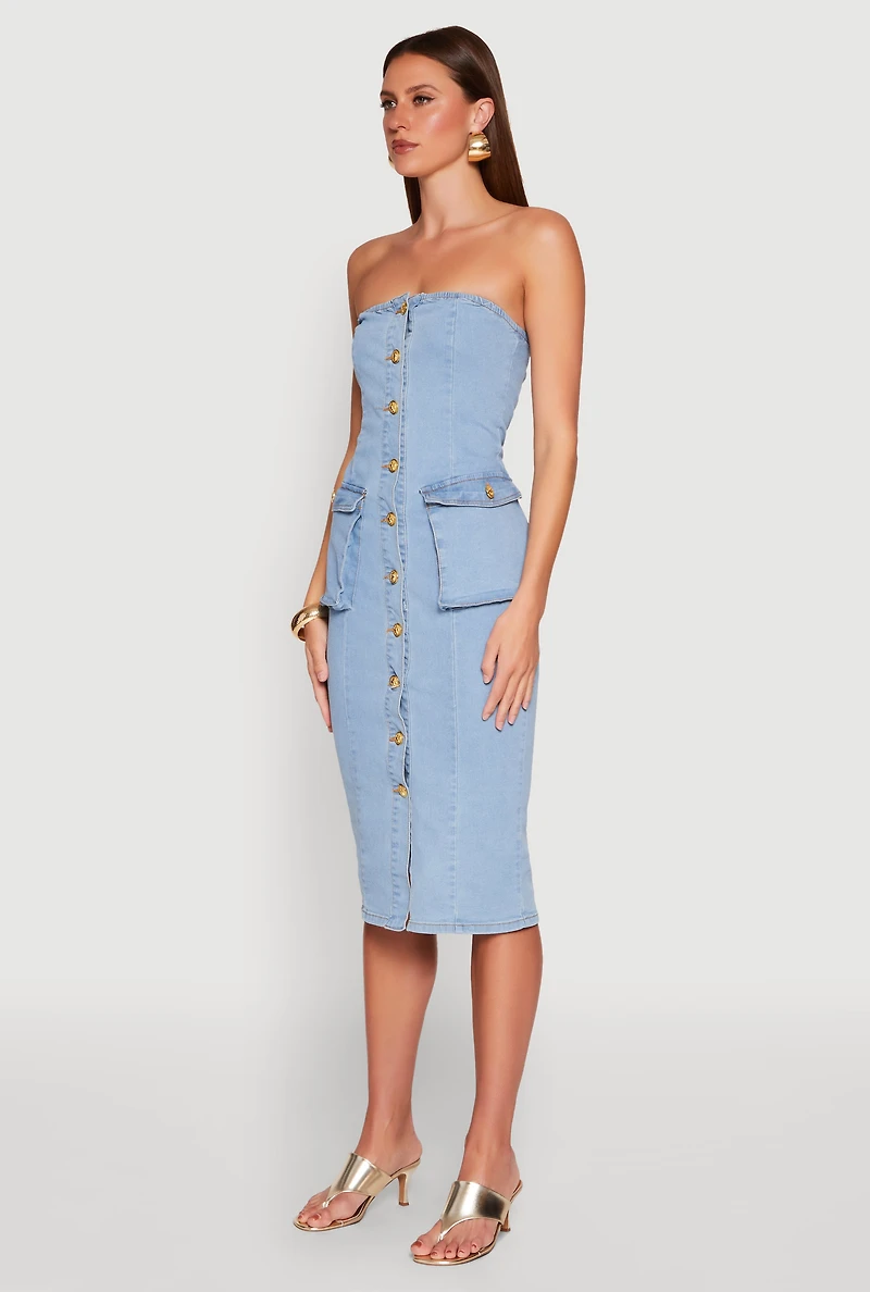 Womens Daisy Button Front Strapless Denim Dress, Blue, Size S