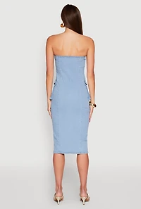 Womens Daisy Button Front Strapless Denim Dress, Blue, Size S