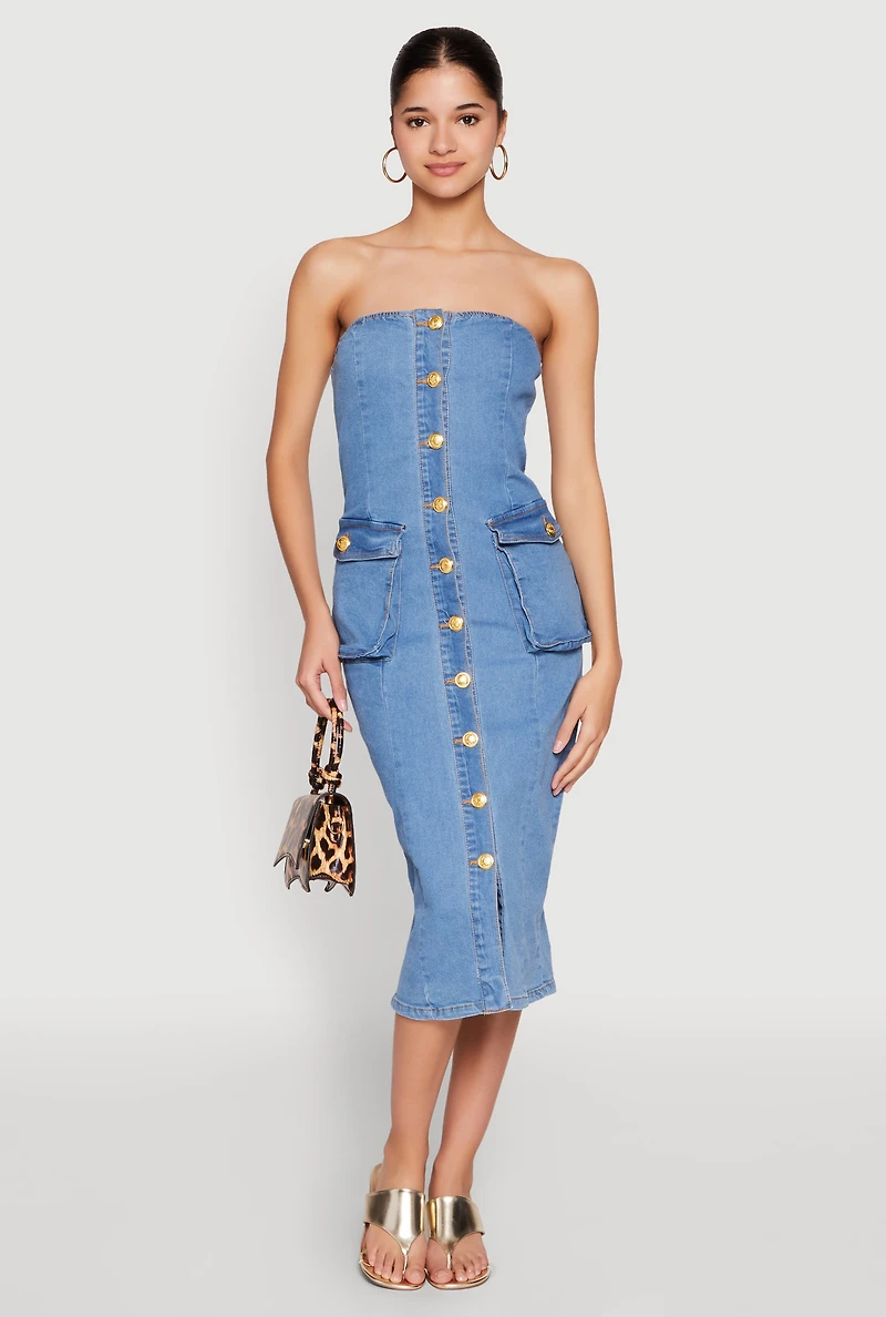 Daisy Button Front Strapless Denim Dress