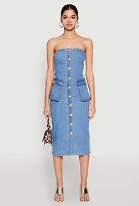 Womens Daisy Button Front Strapless Denim Dress, Blue, Size S