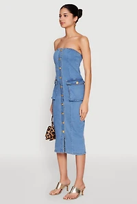 Womens Daisy Button Front Strapless Denim Dress, Blue, Size S