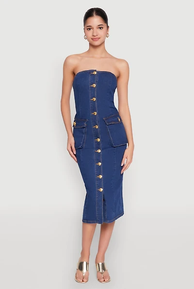 Womens Daisy Button Front Strapless Denim Dress, Blue, Size S