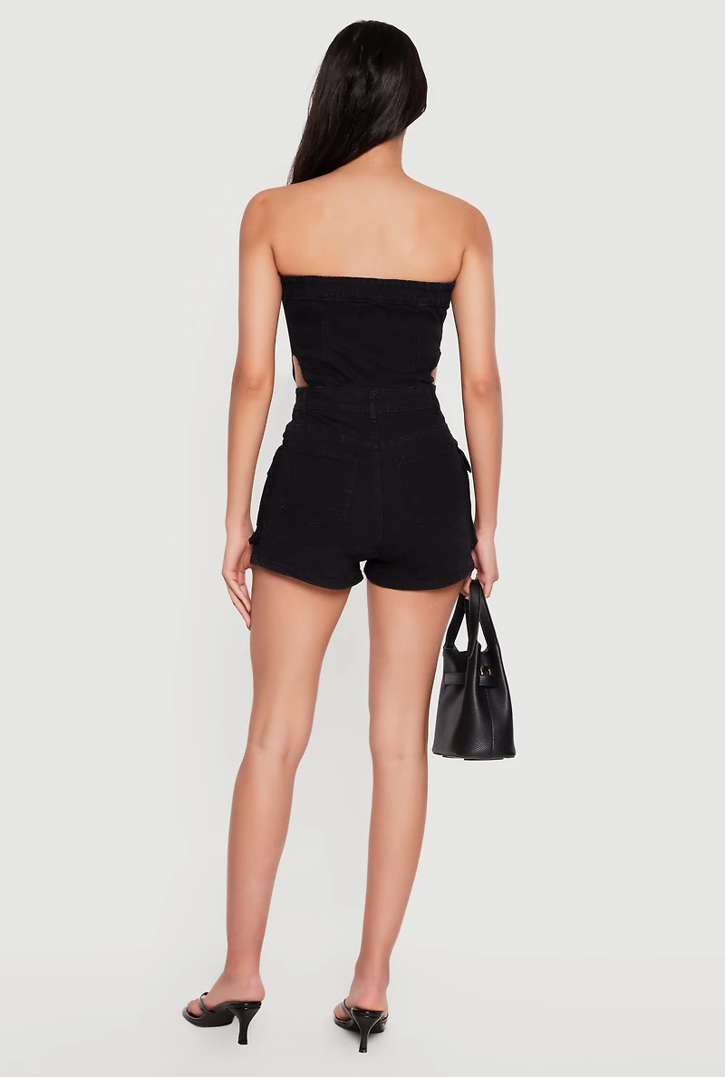 Denim Button Front Cargo Pocket Romper